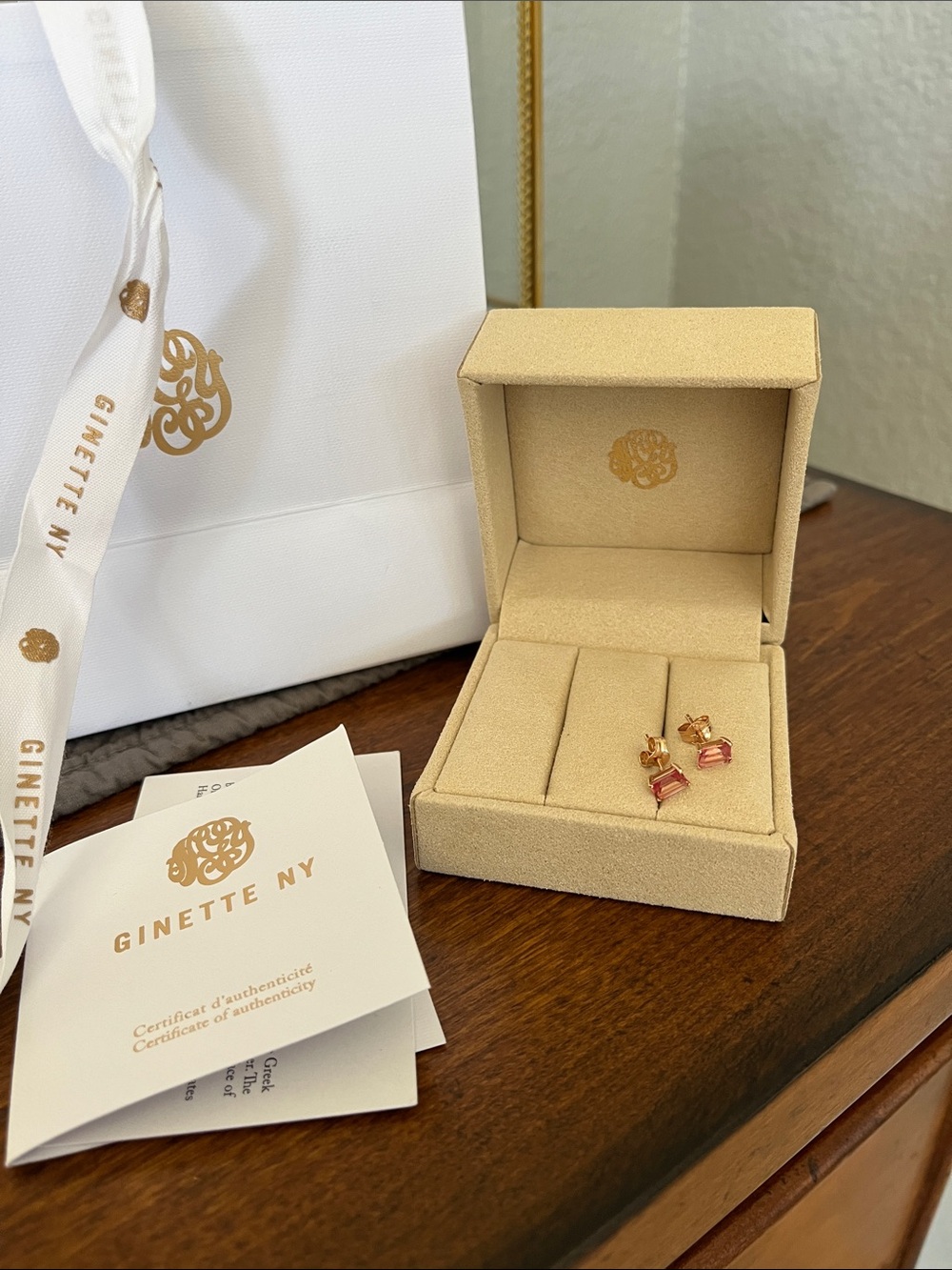 Ginette NY Pink Topaz and 18k Rose Gold Rectangular Stud Earrings - new in box!